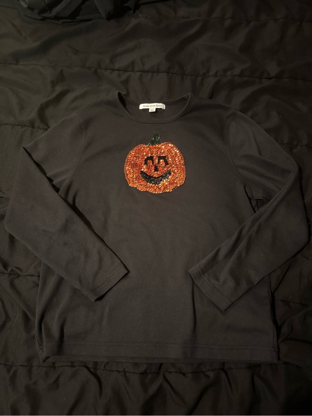 Mercer Street Studio Black Crewneck Sweater with Sequin Pumpkin Appliqué